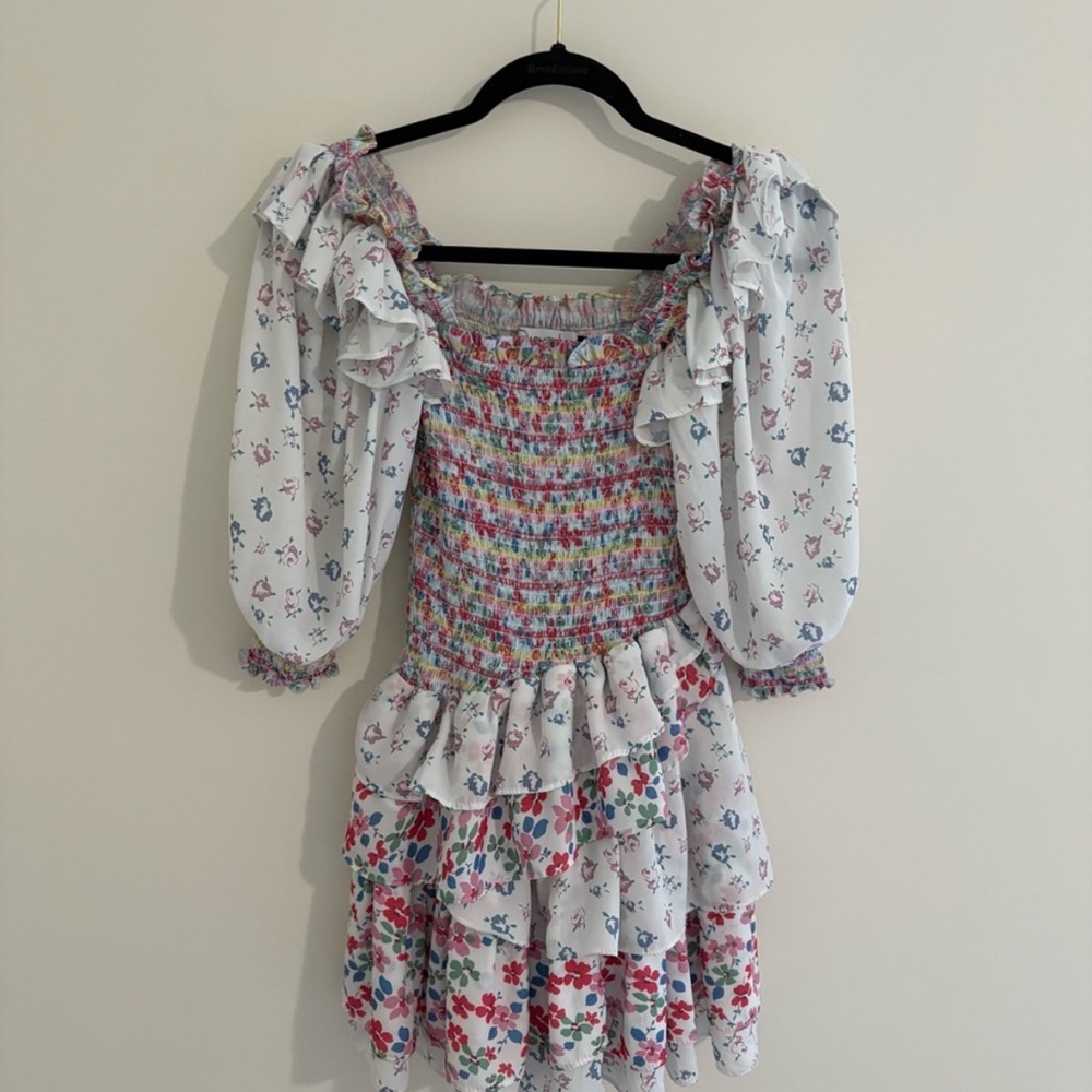 Pink and Red Smocked Mini Sundress with Puff Sleeves